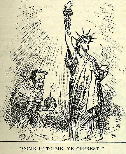 Politischer Cartoon, 1919- Ein europäischer Anarchist beim Versuch, die Freiheitsstatue zu sprengen.